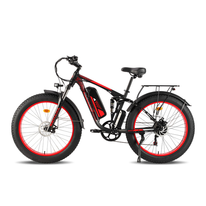 Photo of Senada VIPER Softail Electric Mountain Bike, red and black, side