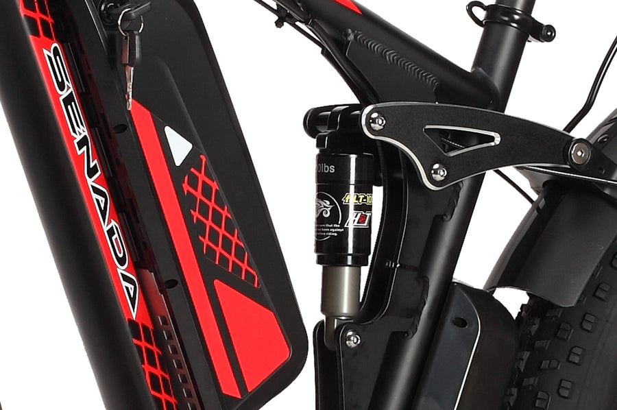 Photo of Senada VIPER Softail Electric Mountain Bike, red and black, close up of battery, suspension and frame 